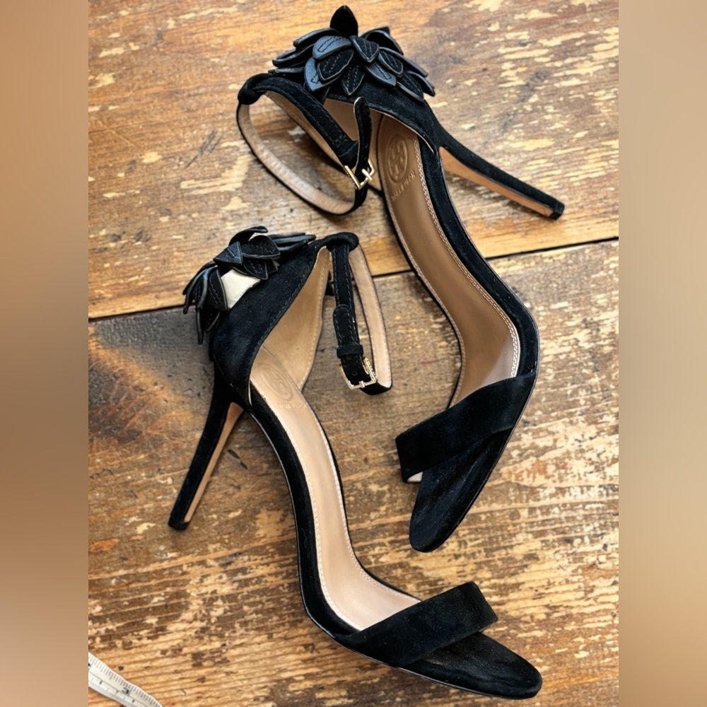 Tory Burch Flower Accent Black Stiletto Heels with Ankle Strap